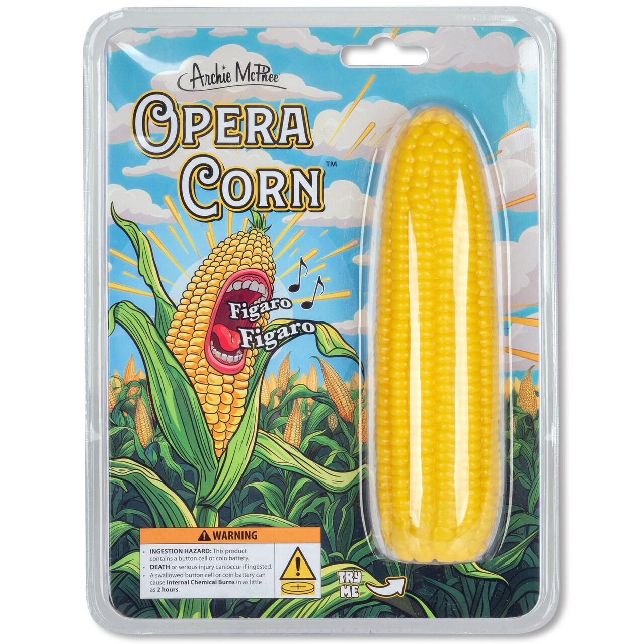 Archie McPhee: Opera Corn - 6.25" Musical Ear Of Corn Performs 5 Dramatic Sounds, Veggie Electronic Noisemaker, Handheld Device, Gag Gift, Novelty Toy
